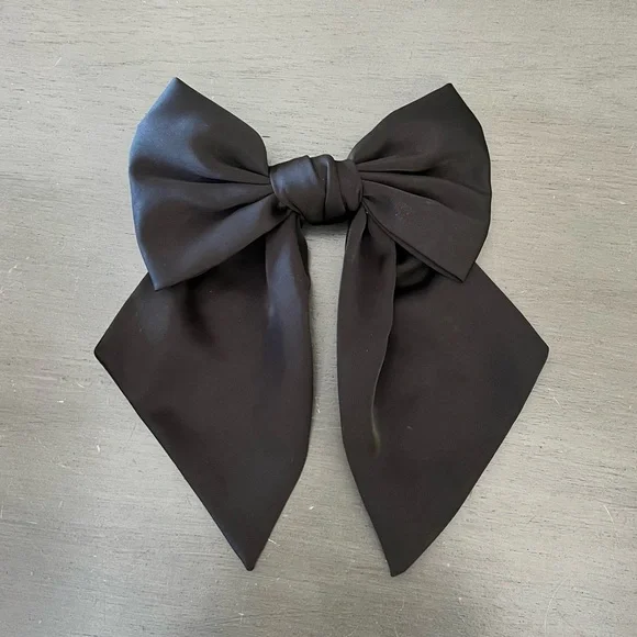 Black Satin Rhinestone Heart Coquette Preppy 8.5" Bow Snap Barrette Hair Clip - Picture 4 of 7